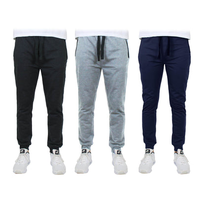 3-Pack: Men's Slim Fitting French Terry Jogger Lounge Pants with Zipper Pockets