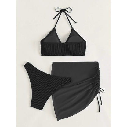 3-Pack: Textured Ring Linked Halter Bikini Swimsuit & Beach Skirt