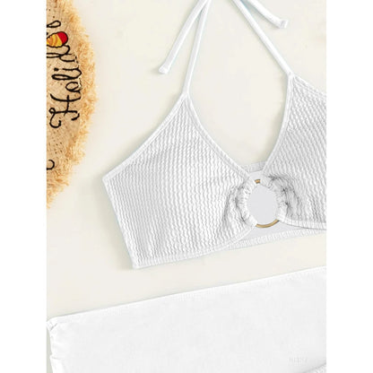 3-Pack: Textured Ring Linked Halter Bikini Swimsuit & Beach Skirt