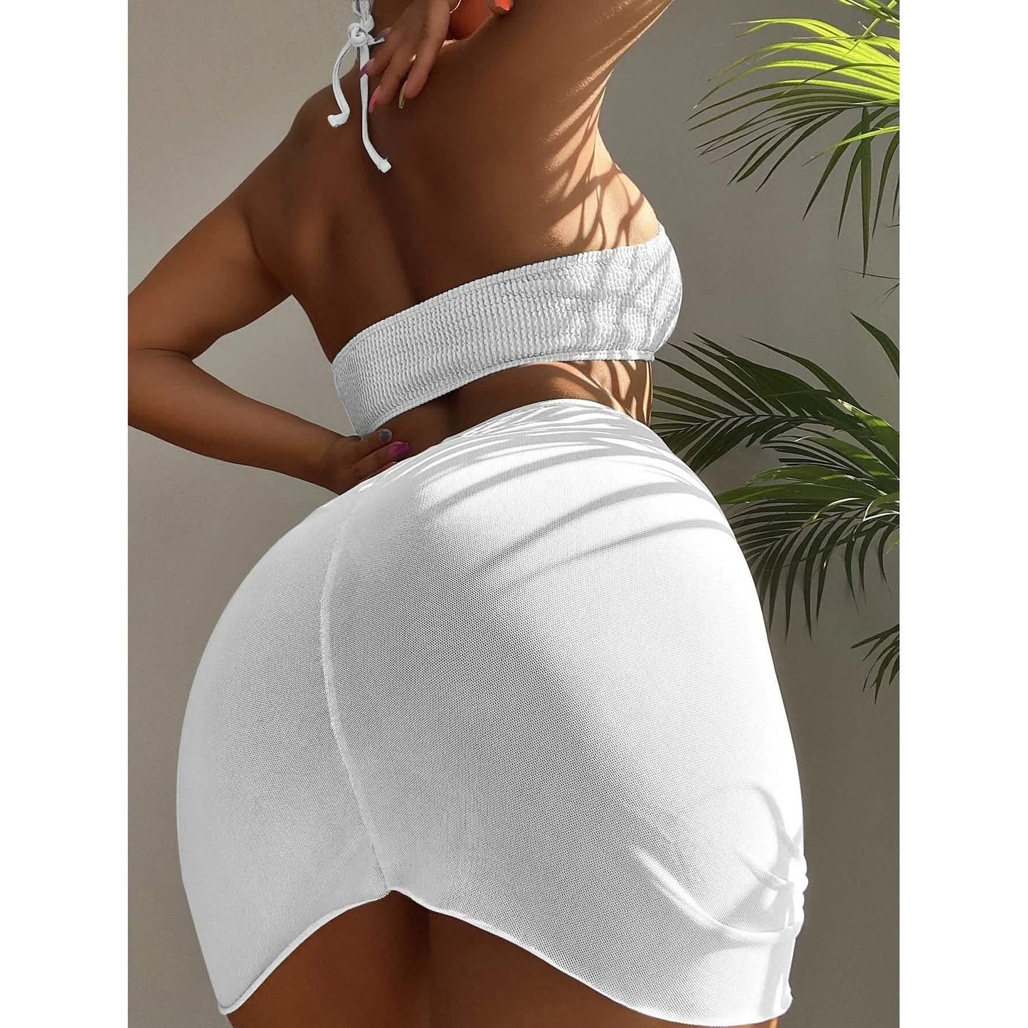 3-Pack: Textured Ring Linked Halter Bikini Swimsuit & Beach Skirt