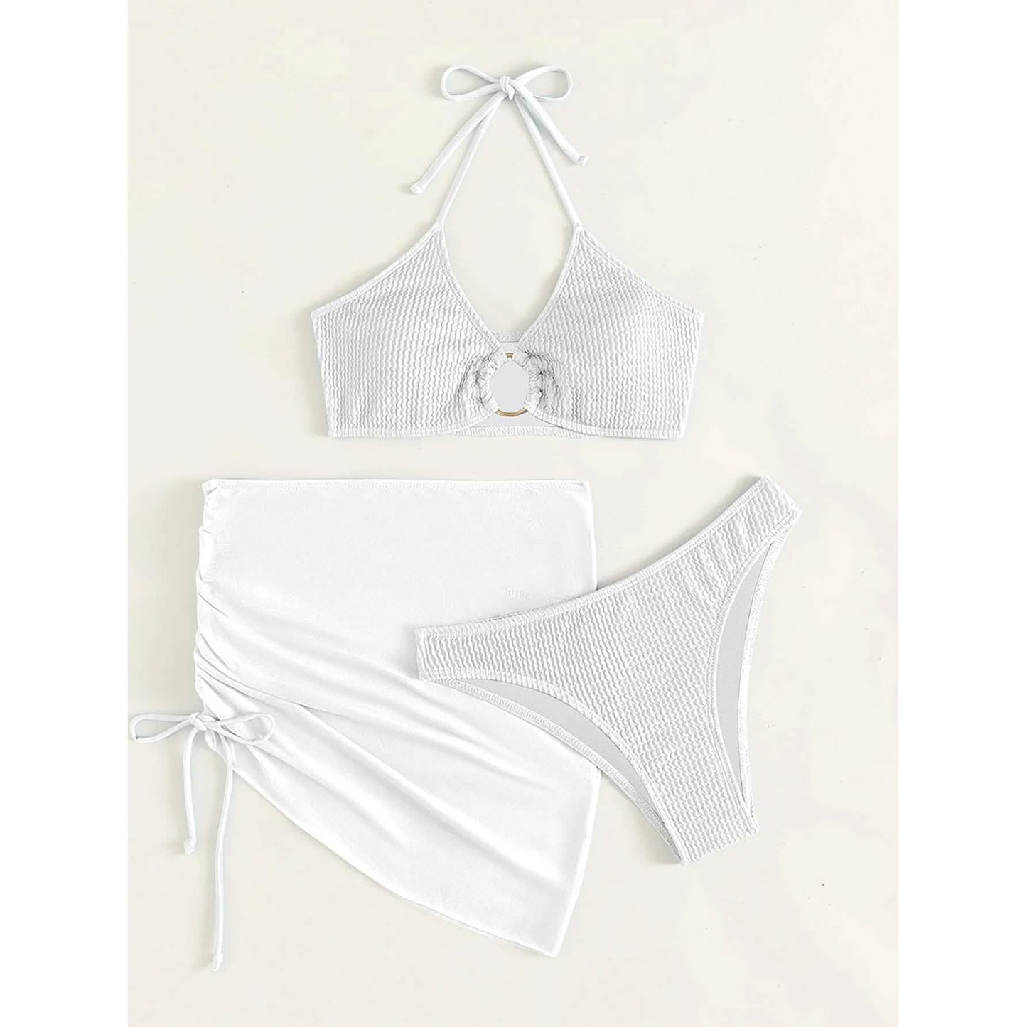 3-Pack: Textured Ring Linked Halter Bikini Swimsuit & Beach Skirt