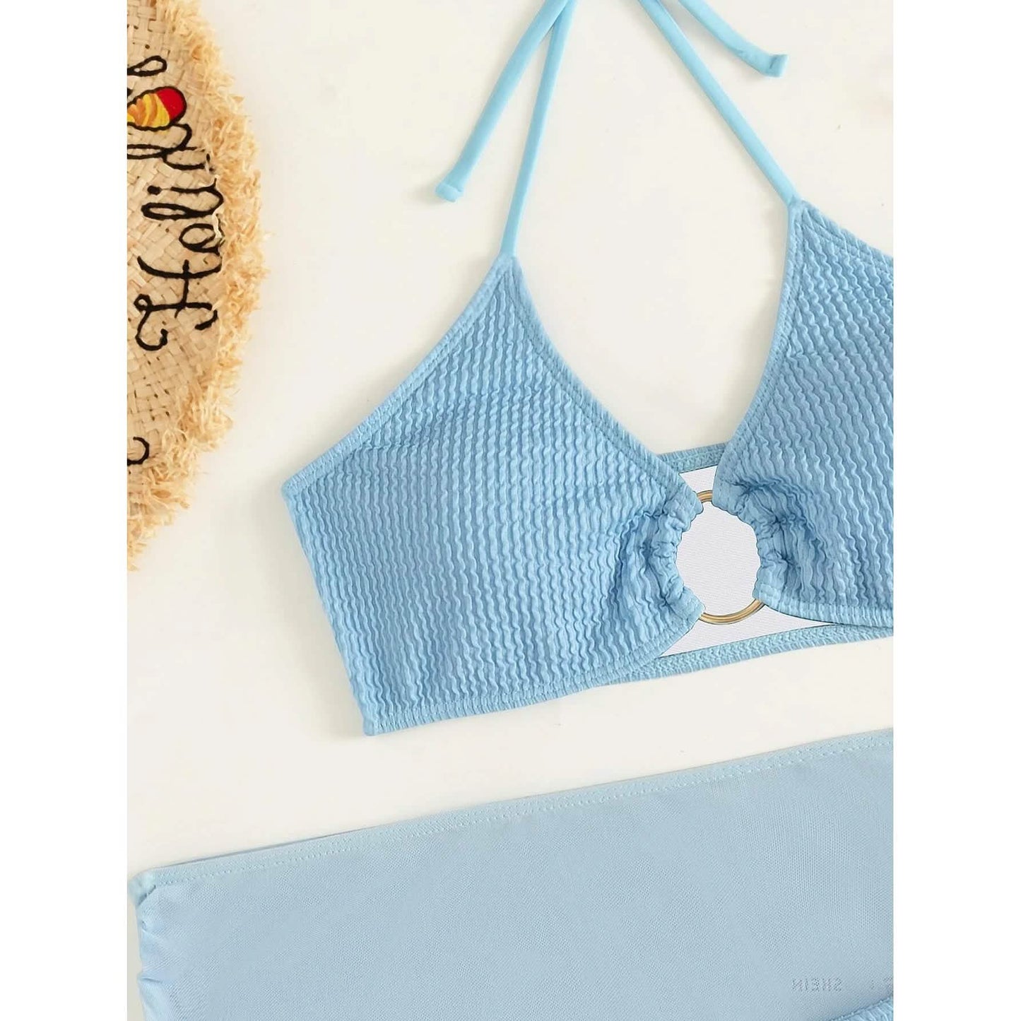 3-Pack: Textured Ring Linked Halter Bikini Swimsuit & Beach Skirt