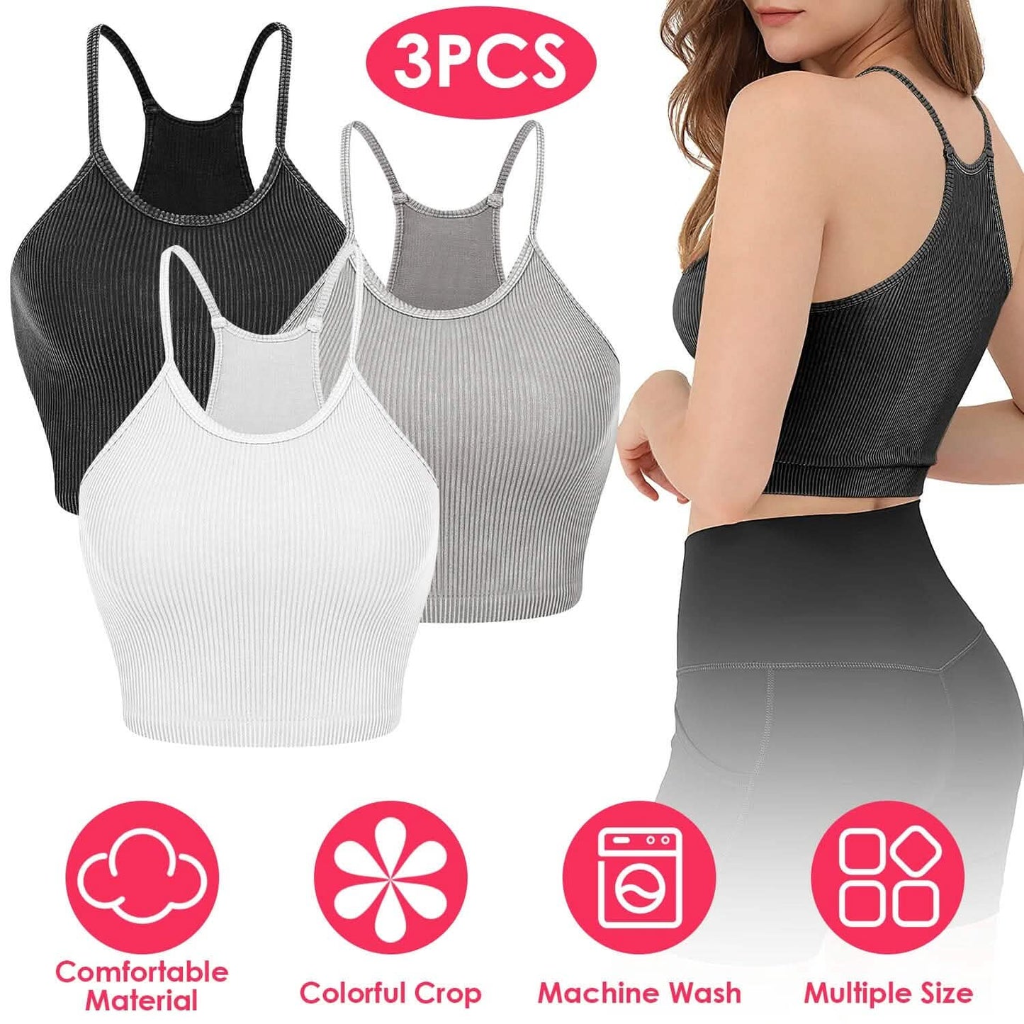 3-Pack: Women Crop Basic Tank Top Ribbed Knit Sleeveless