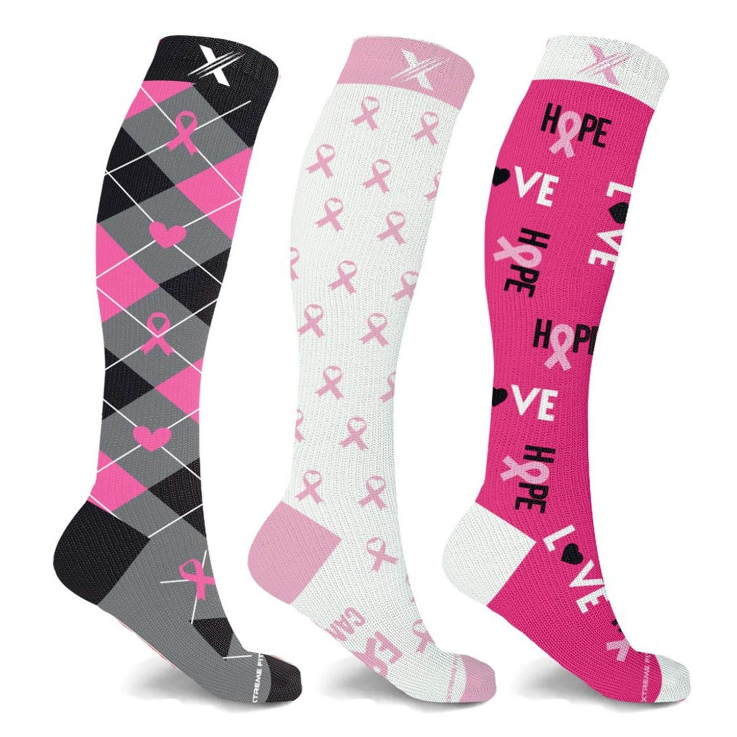 3-Pair: Breast Cancer Awareness Knee High Compression Socks