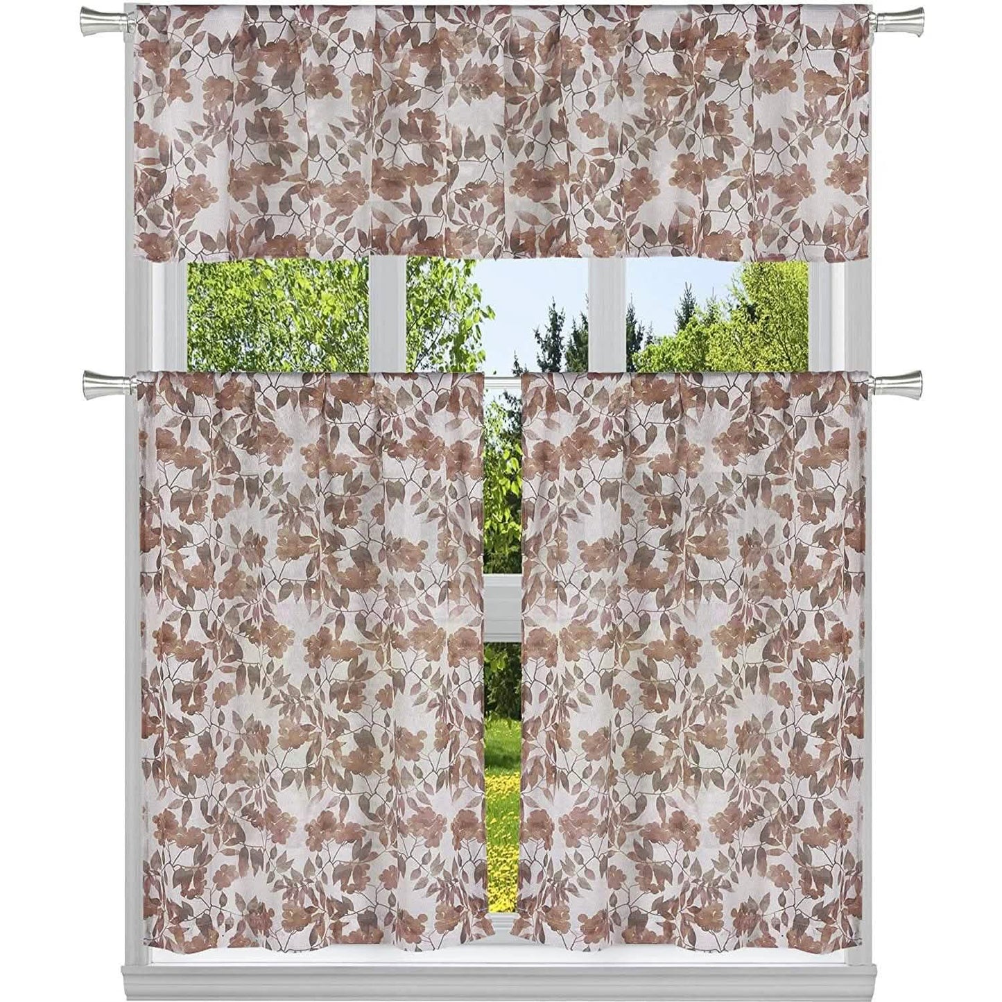 3-Piece: Chic Floral Pattern Semi-Sheer Kitchen Curtain Tier and Valance Set