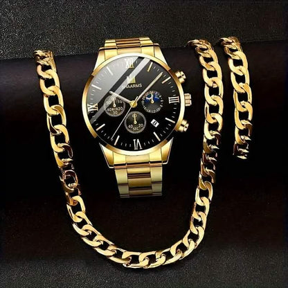 3-Piece: Elegant Men's Quartz Watch Plus Bracelet and Necklace Set