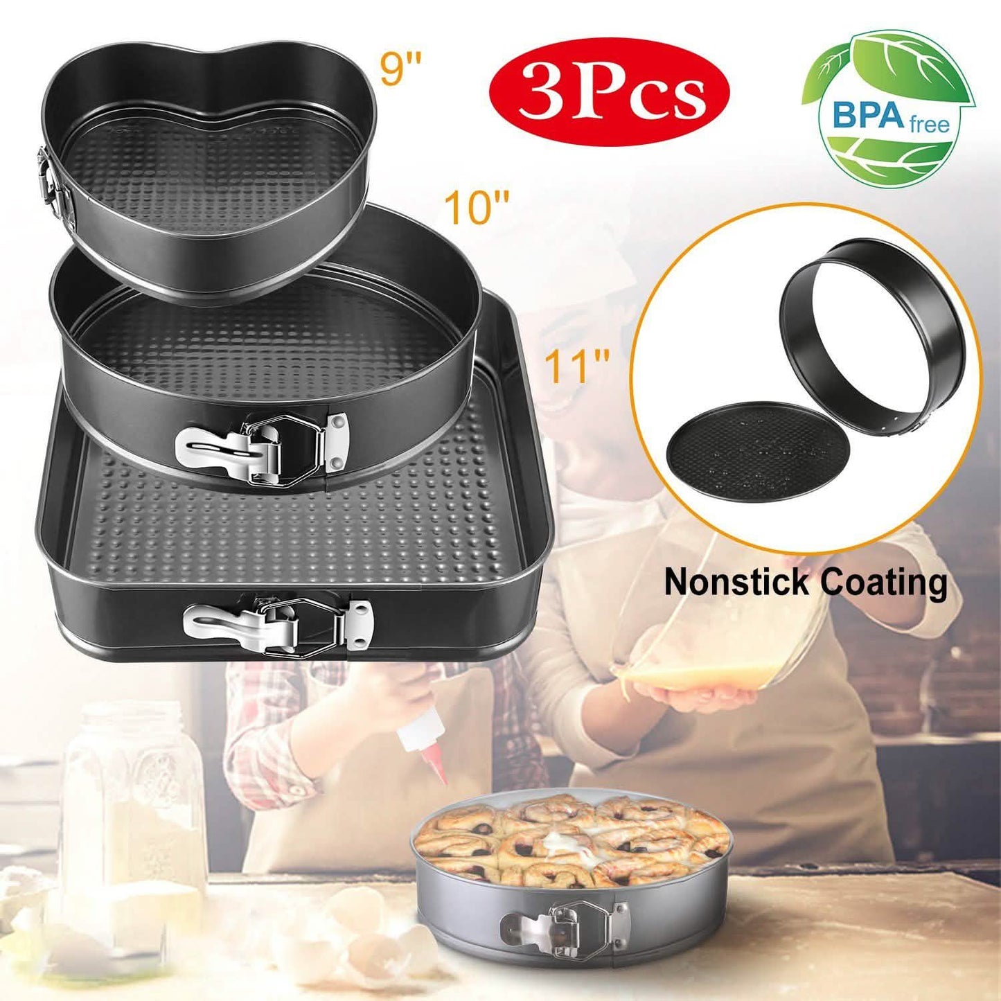 3-Piece: Non-stick Springform Cake Pan Set with Removable Bottom