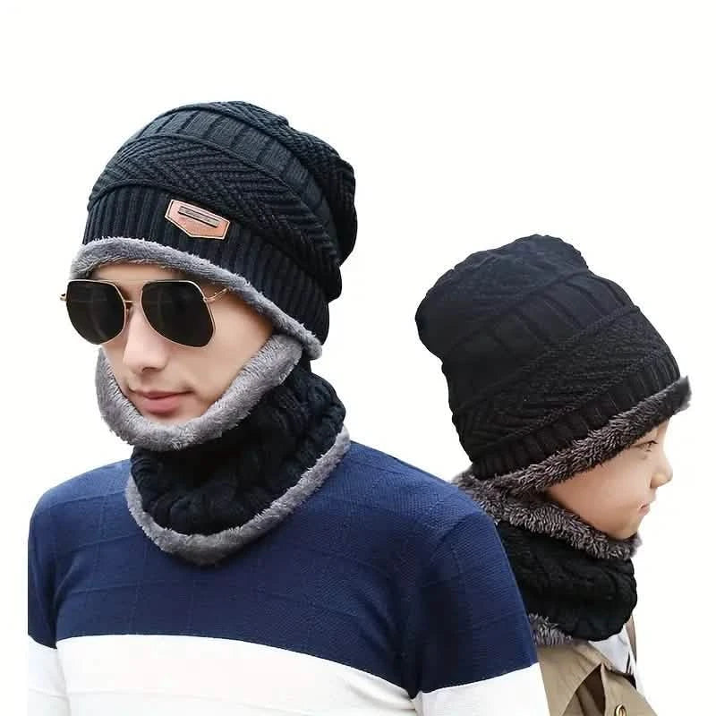 3-Piece Set: Black Knit Hats Warm Beanies Winter Neck Gaiter Elastic Gloves