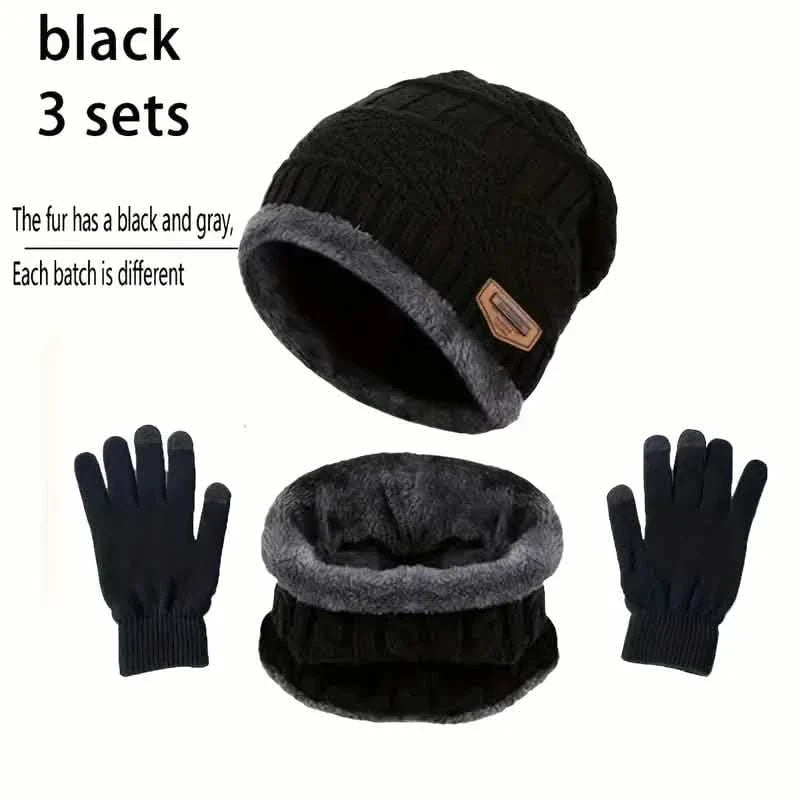 3-Piece Set: Black Knit Hats Warm Beanies Winter Neck Gaiter Elastic Gloves