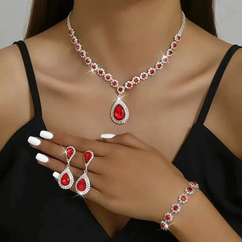 3-Piece Set: Elegant Bridal Jewelry Set - Rhinestone-Encrusted Earrings, Necklace & Bracelet Combo