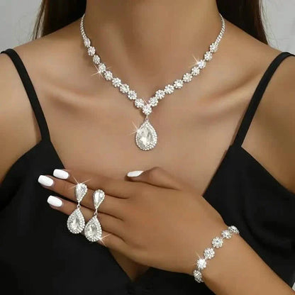 3-Piece Set: Elegant Bridal Jewelry Set - Rhinestone-Encrusted Earrings, Necklace & Bracelet Combo