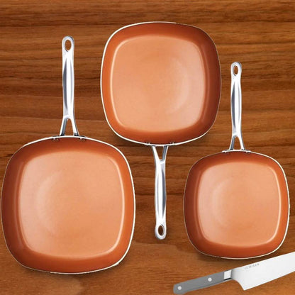 3 Piece Set: Gotham Steel 1682 Nonstick Copper Square Shallow Pan