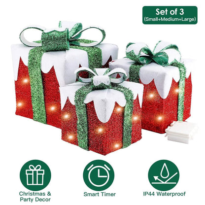 3-Piece Set: Lighted Gift Boxes Christmas Decoration IP44 with 3 Bows Timer 60 LED