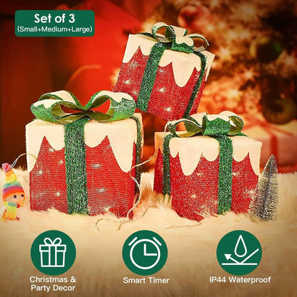 3-Piece Set: Lighted Gift Boxes Christmas Decoration IP44 with 3 Bows Timer 60 LED