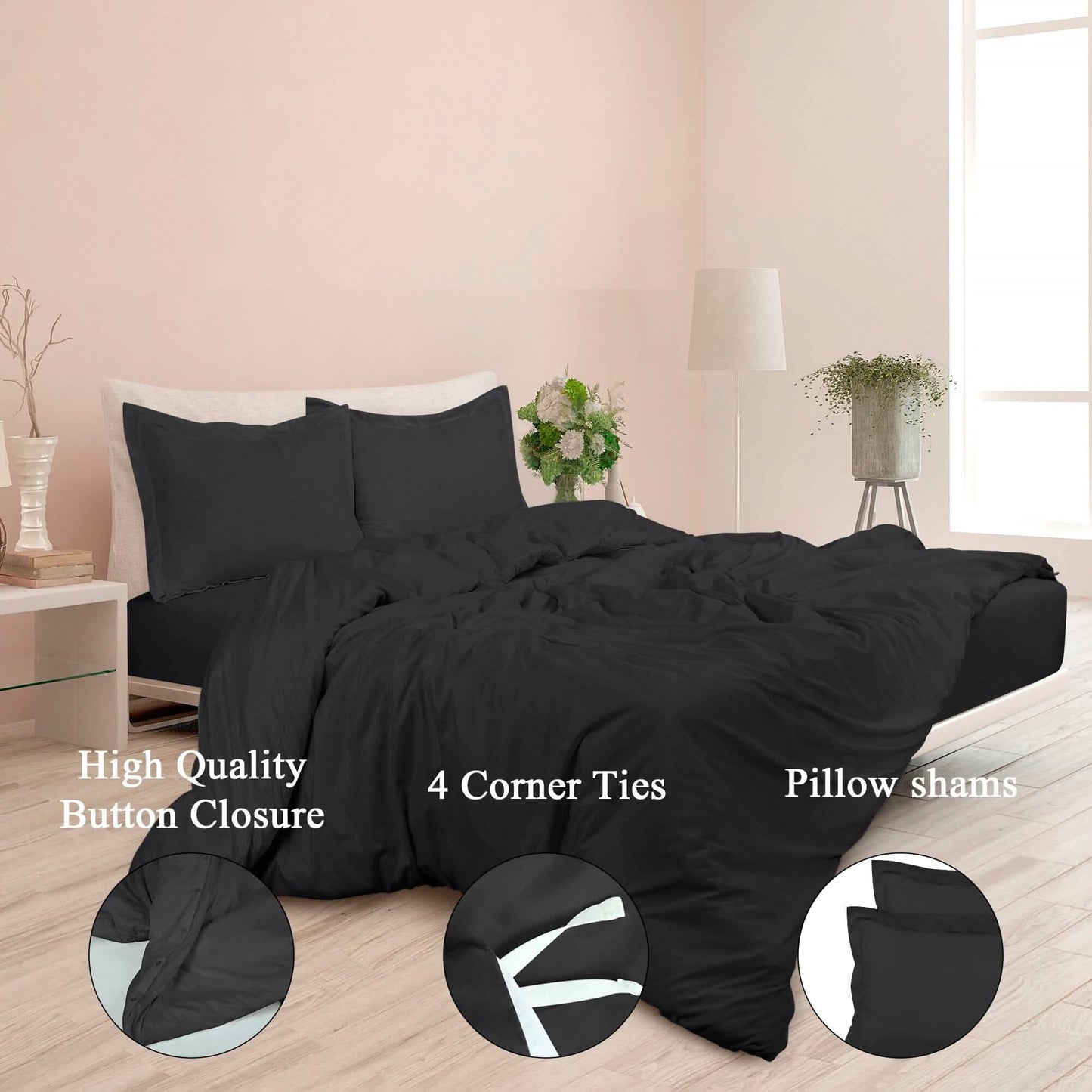 3-Piece Set: Royale Double Brushed Duvet Covers Set With Button Closure & Corner Ties