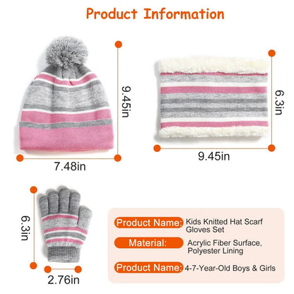 3-Piece Set: Winter Kids Knitted Warm Beanie Hat and Glove for 4-7 Years Old