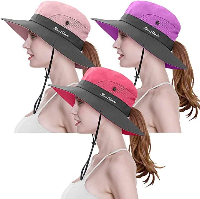 3-Piece: Women's Ponytail Wide Brim Sun Hat