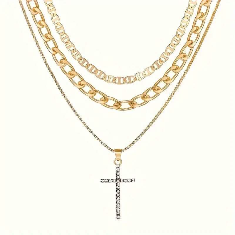 3-Piece: Women's Retro Luxury Artificial Crystal Cross Stackable Necklace Set