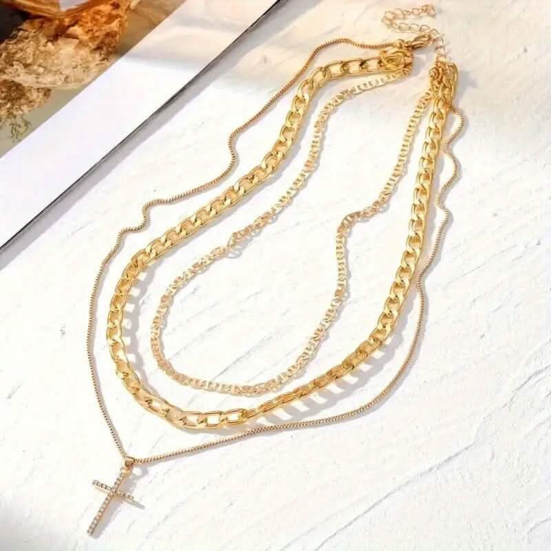 3-Piece: Women's Retro Luxury Artificial Crystal Cross Stackable Necklace Set