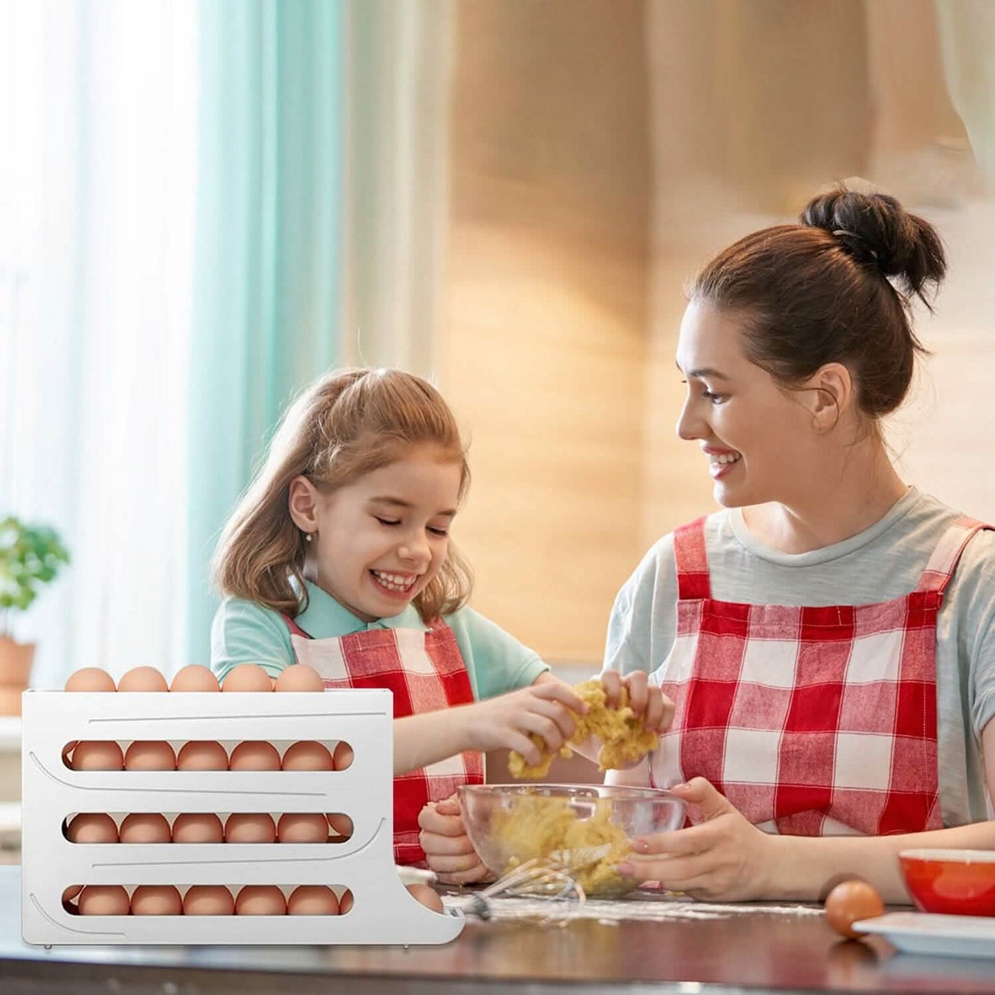 3-Pieces: 4-Tiers Egg Holder Auto Rolling Fridge Egg Organizer