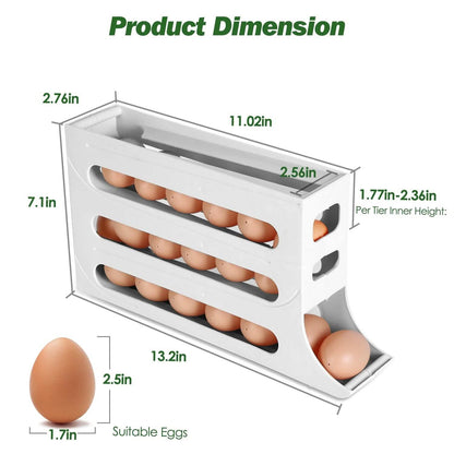 3-Pieces: 4-Tiers Egg Holder Auto Rolling Fridge Egg Organizer