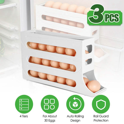 3-Pieces: 4-Tiers Egg Holder Auto Rolling Fridge Egg Organizer