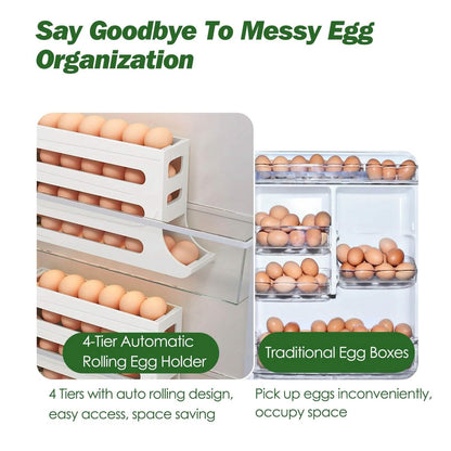 3-Pieces: 4-Tiers Egg Holder Auto Rolling Fridge Egg Organizer