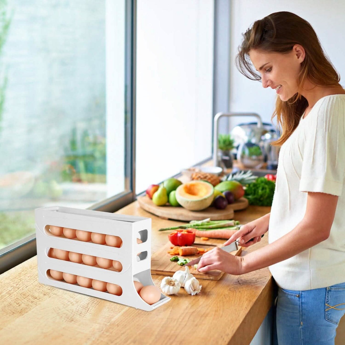 3-Pieces: 4-Tiers Egg Holder Auto Rolling Fridge Egg Organizer