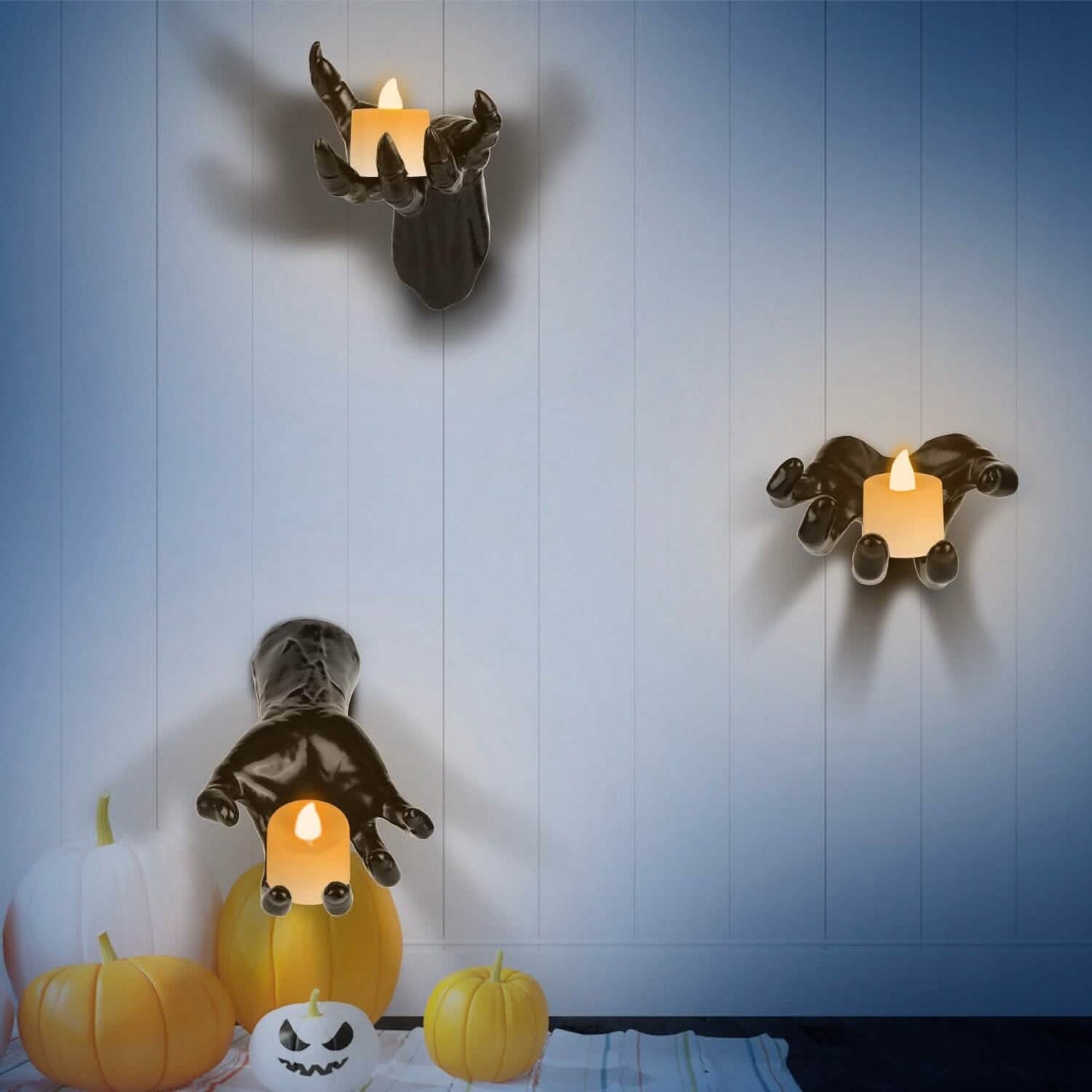 3-Pieces: Creepy Reaching Hands with Lighted Candles Wall Mounted