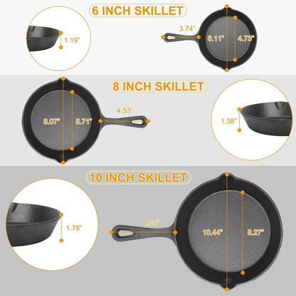 3-Pieces: Pre-Seasoned Cast Iron Skillet