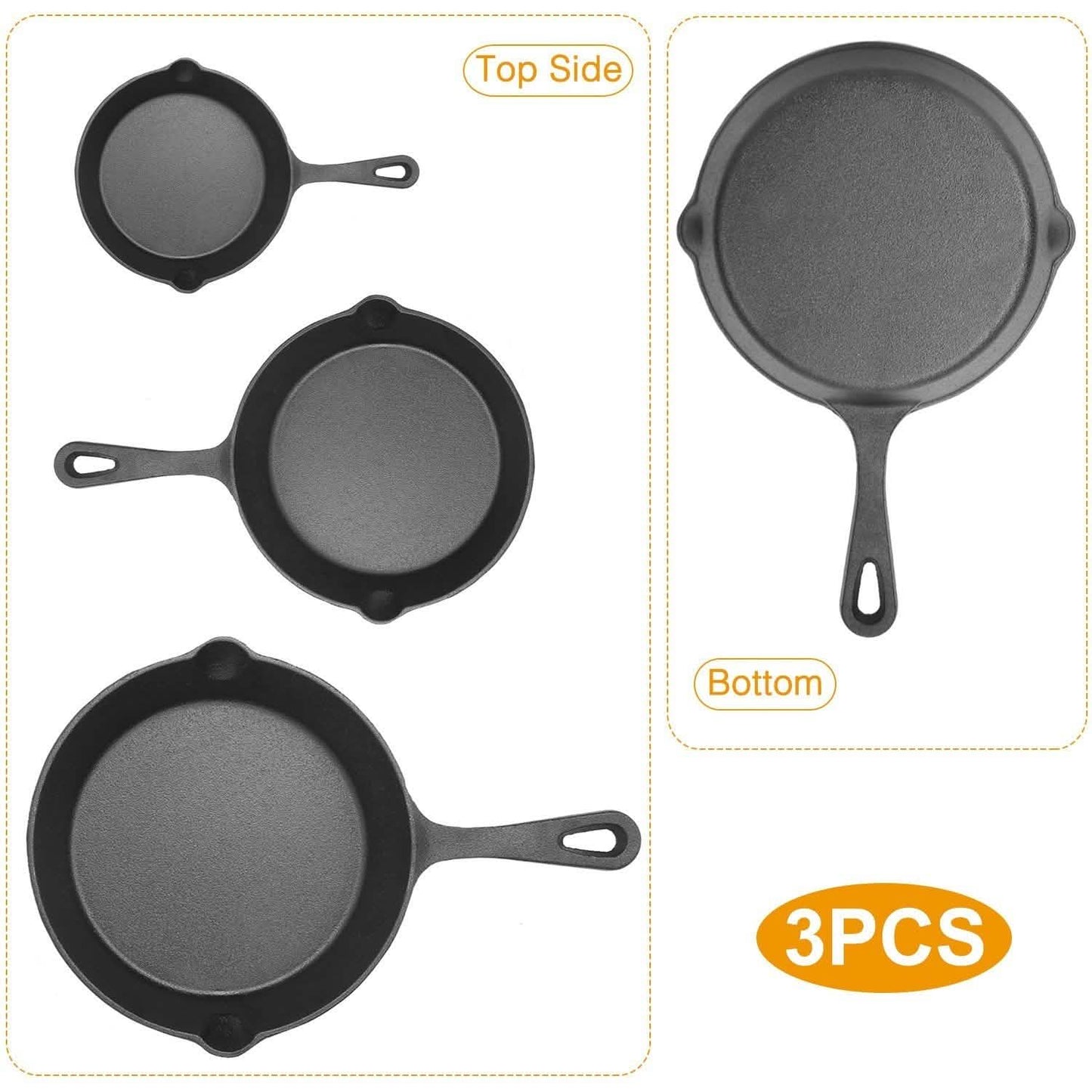 3-Pieces: Pre-Seasoned Cast Iron Skillet