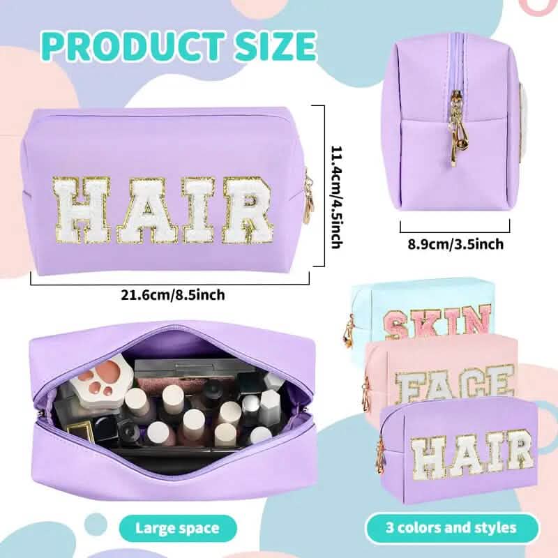 3-Pieces: PU Leather Waterproof Chenille Preppy Makeup Bag
