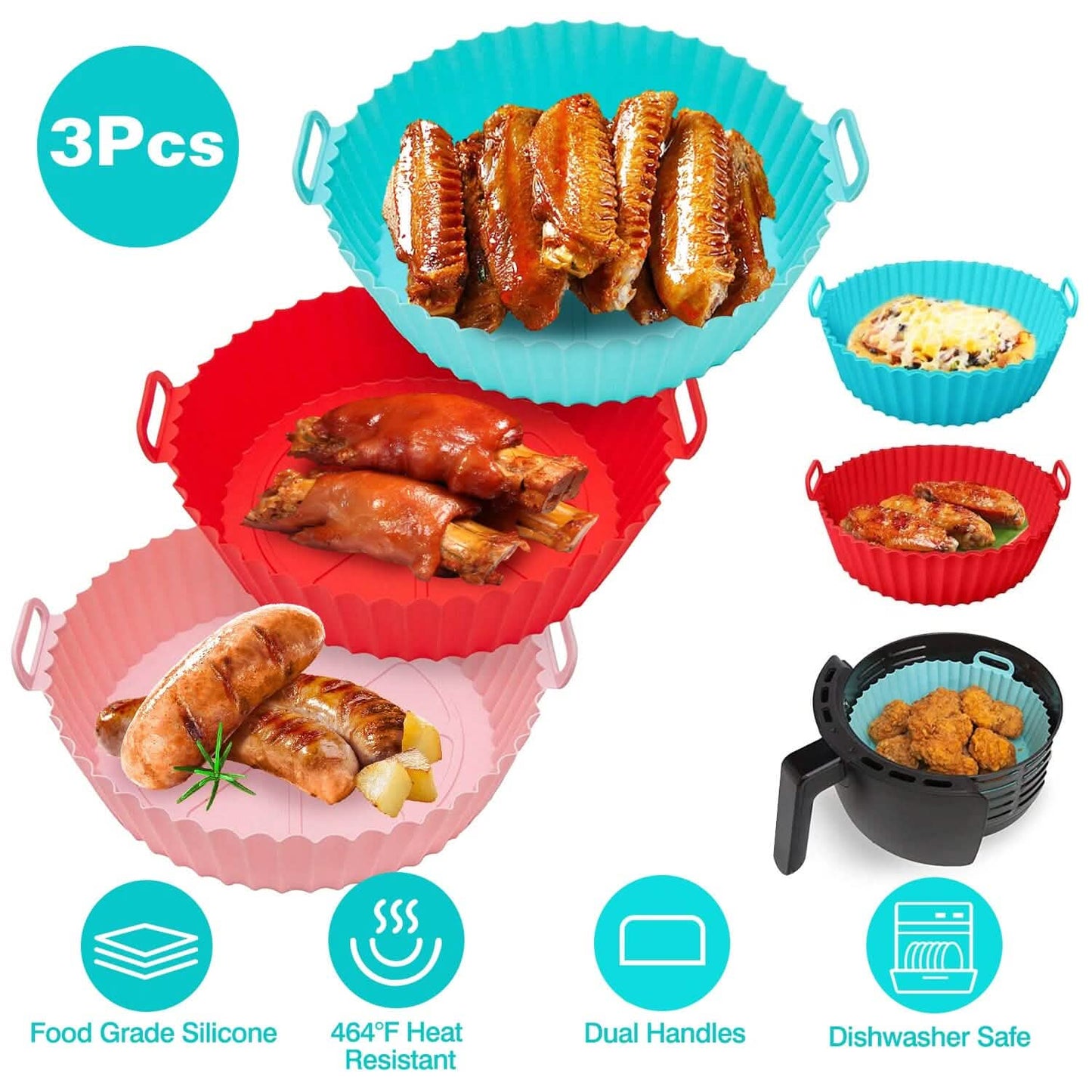 3-Pieces: Reusable Foldable Air Fryer Silicone Pot for 4+ Quart Air Fryer Oven