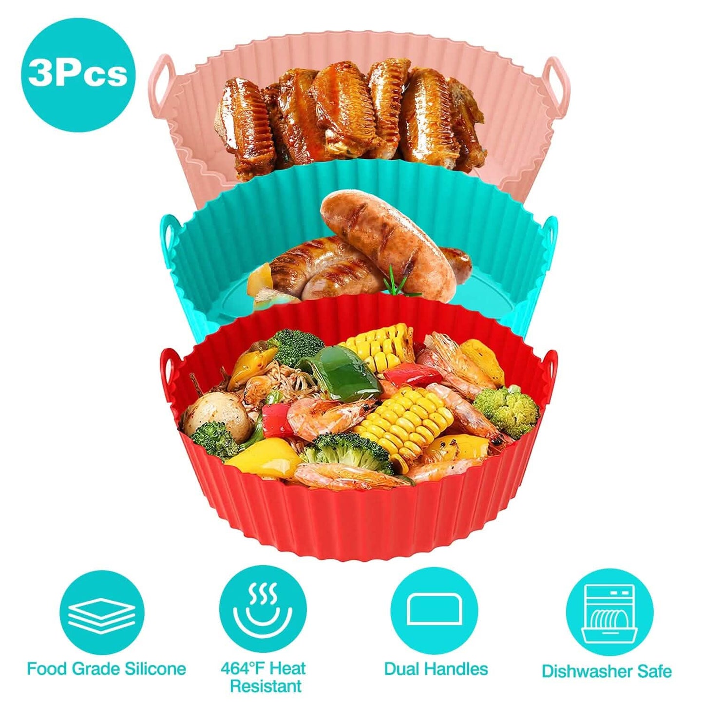 3-Pieces: Reusable Foldable Air Fryer Silicone Pot for 4+ Quart Air Fryer Oven