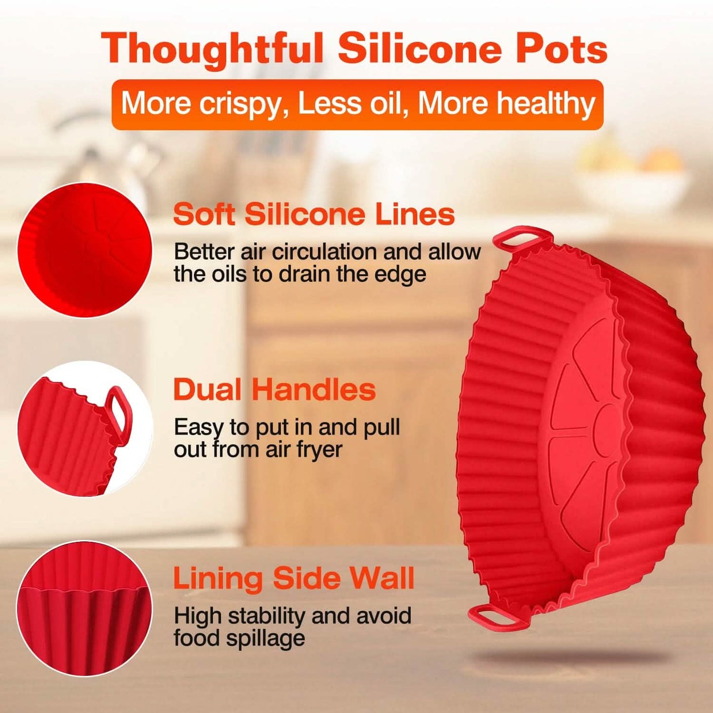 3-Pieces: Reusable Foldable Air Fryer Silicone Pot for 4+ Quart Air Fryer Oven