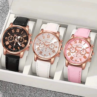 3-Pieces: Roman Quartz Women's Watches - Fashionable Round Dial with Faux Leather Strap
