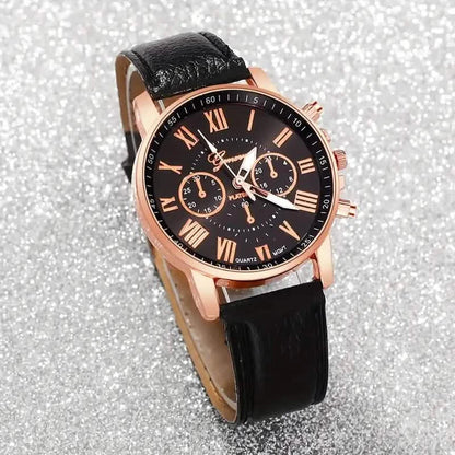 3-Pieces: Roman Quartz Women's Watches - Fashionable Round Dial with Faux Leather Strap