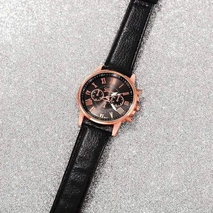 3-Pieces: Roman Quartz Women's Watches - Fashionable Round Dial with Faux Leather Strap