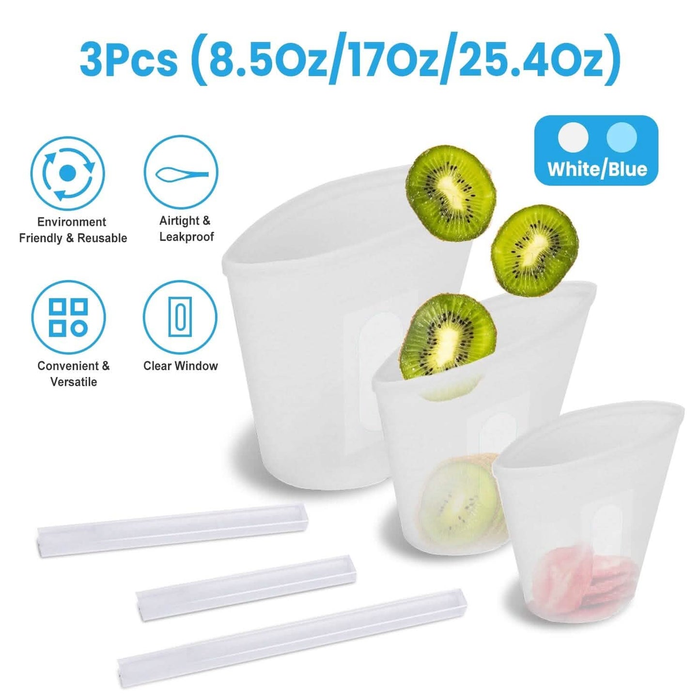 3-Pieces: Silicone Food Storage Bags Reusable Leakproof Food Container Set with 3 Seals