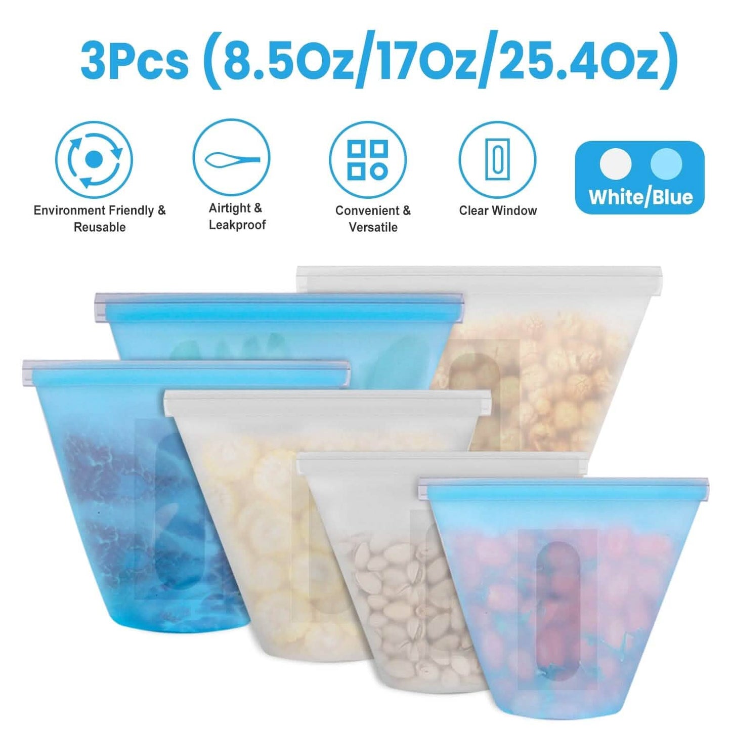 3-Pieces: Silicone Food Storage Bags Reusable Leakproof Food Container Set with 3 Seals