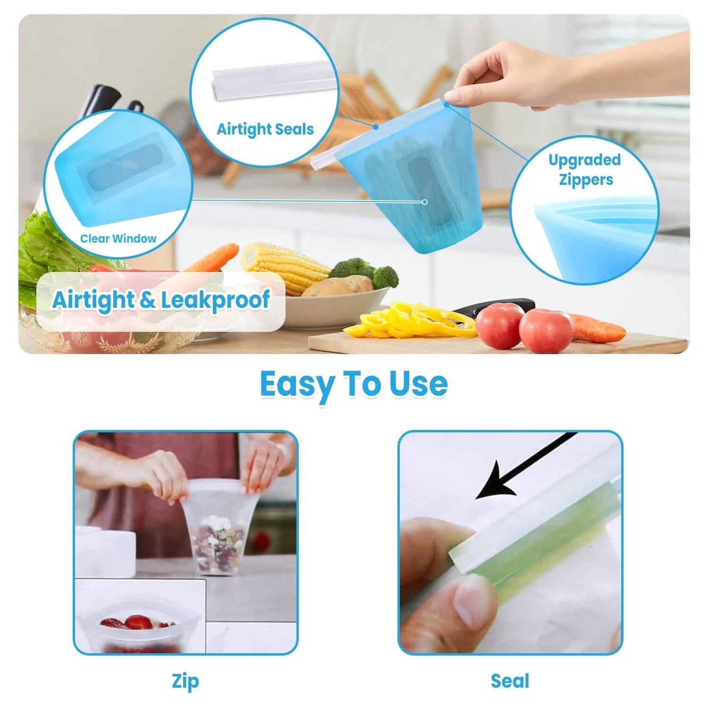 3-Pieces: Silicone Food Storage Bags Reusable Leakproof Food Container Set with 3 Seals