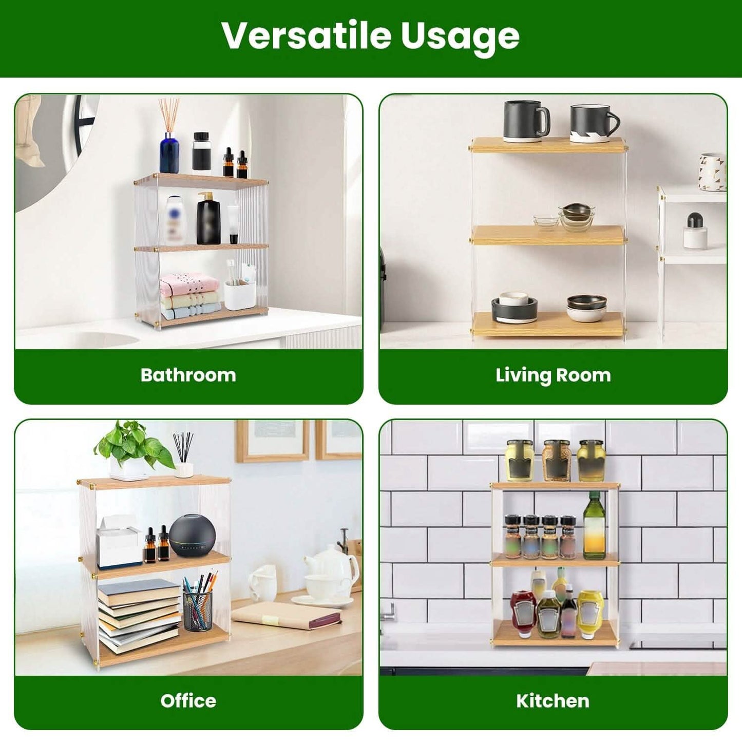 3-Tier: Acrylic Countertop Organizer Bathroom Wood Counter Storage