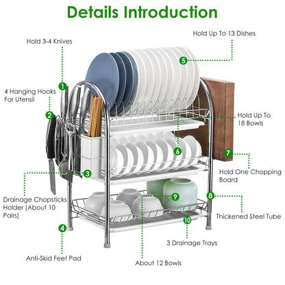3-Tier Dish Drying Rack Shelf with 3 Drain Trays Chopping Board
