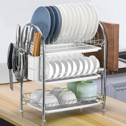 3-Tier Dish Drying Rack Shelf with 3 Drain Trays Chopping Board
