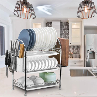 3-Tier Dish Drying Rack Shelf with 3 Drain Trays Chopping Board