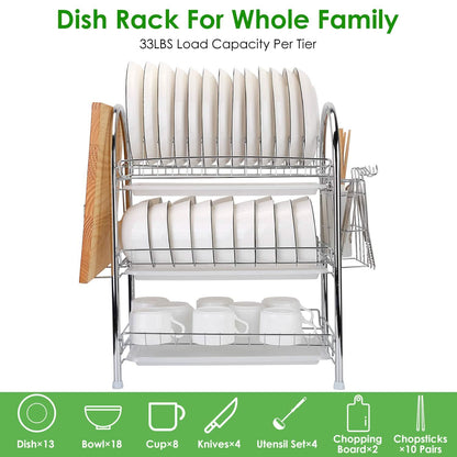 3-Tier Dish Drying Rack Shelf with 3 Drain Trays Chopping Board