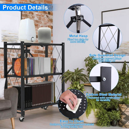 3-Tier Foldable Storage Shelf with Lockable Wheels No Assembly