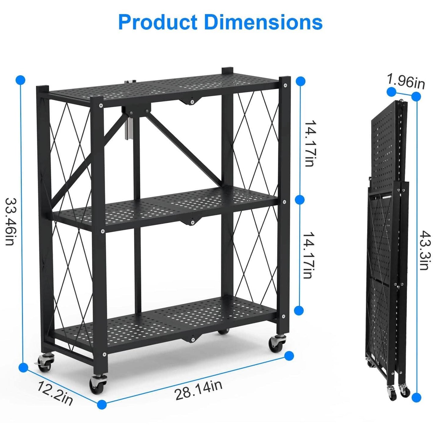 3-Tier Foldable Storage Shelf with Lockable Wheels No Assembly