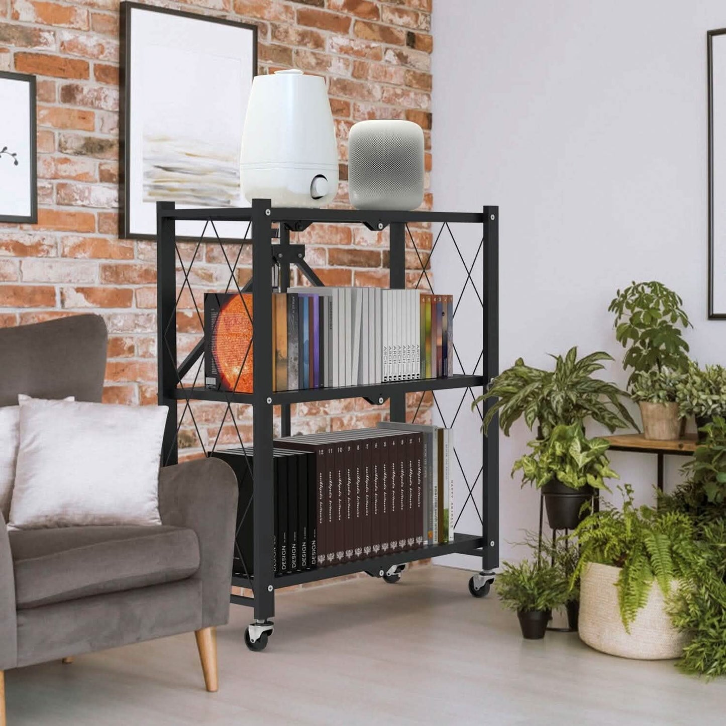 3-Tier Foldable Storage Shelf with Lockable Wheels No Assembly