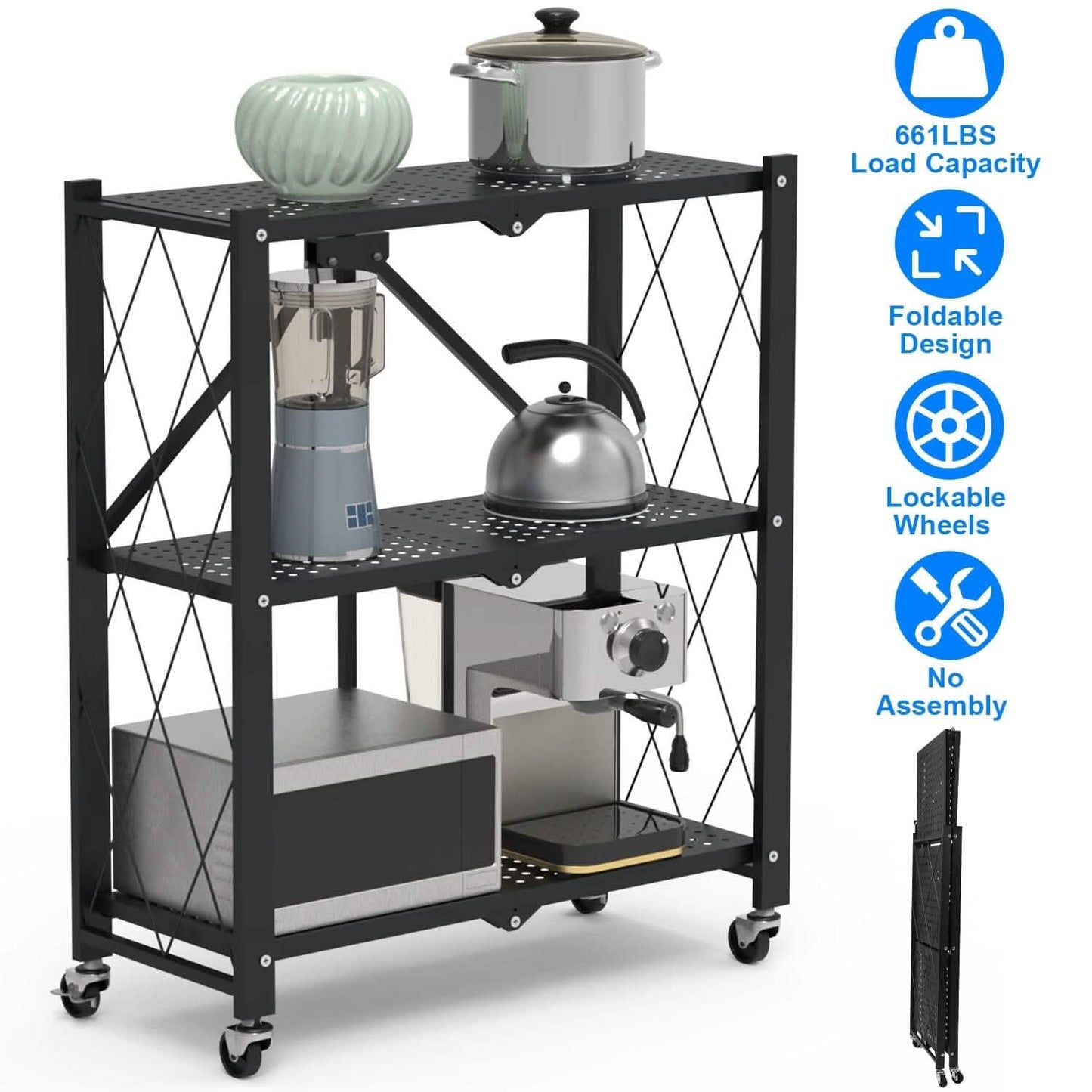 3-Tier Foldable Storage Shelf with Lockable Wheels No Assembly